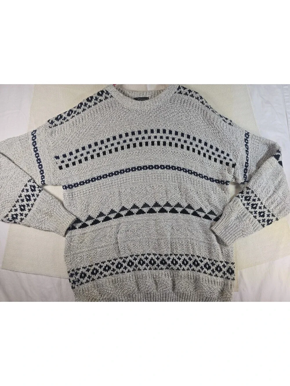 Vintage Peconic Bay Traders Cotton Knit Sweater XL Fair Isle Geometric USA Made